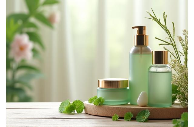 Artfully arranged organic spa products with green leaves and a subtle floral background, reflecting nature and purity.