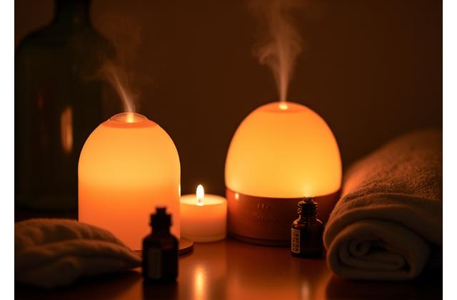 Soothing candle light and aromatherapy diffusers in a spa setting.