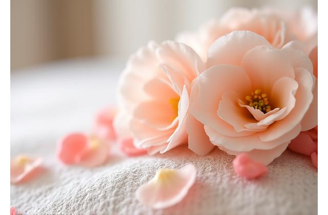 Close-up detail of fresh floral decor and soft textures inside the spa.