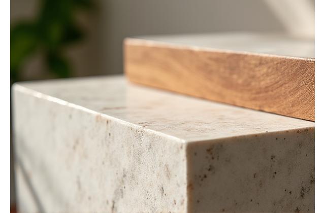 Elegant detail shot showcasing natural textures like stone and wood in the spa interior.