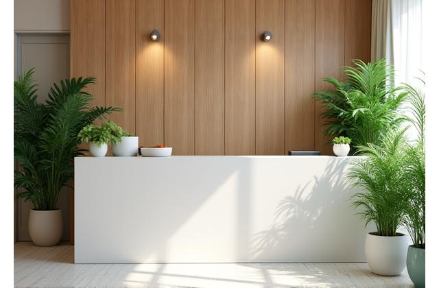 Spa reception area with lush green plants and natural wood elements.
