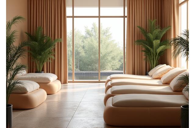 Peaceful relaxation lounge with comfortable seating and soothing greenery.