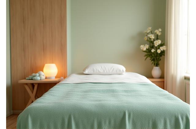 Serene spa treatment room with soft lighting, a massage bed, and natural decor.