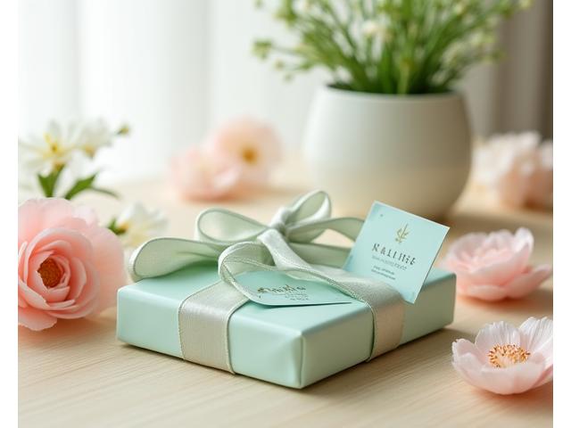 Elegant gift card package with floral decorations and a satin ribbon