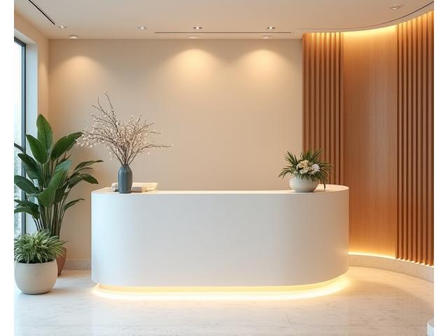 Tranquil spa reception area with gentle lighting and natural decor