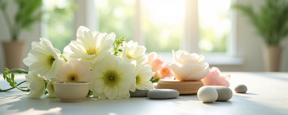 Delicate floral arrangement and spa tools, enhancing a serene atmosphere.